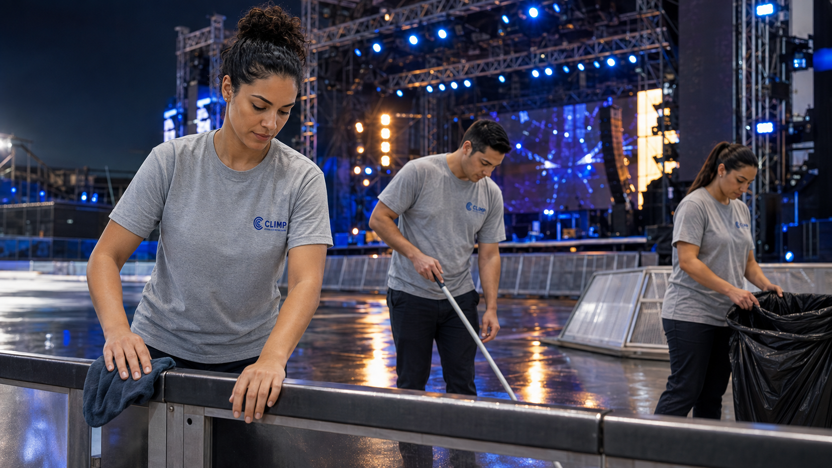 Equipe uniformizada da CLIMP realizando limpeza em estrutura de grande show