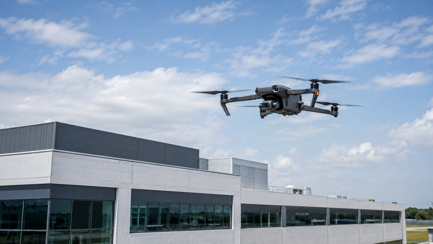 Drone realizando vistoria visual em cobertura de edifício comercial
